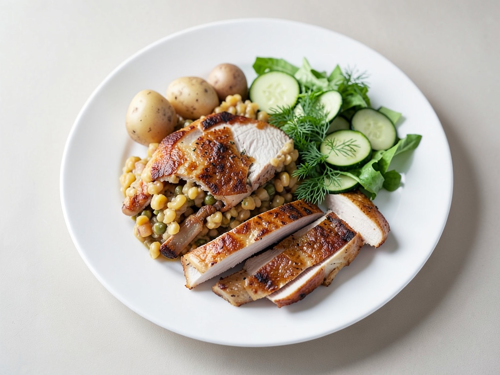 Petto di pollo ripieno di purè di patate e piselli e insalata di cetrioli e aneto