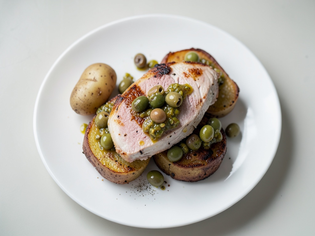 Patate al forno con petto di pollo ripieno e croccante topping di olive e pistacchi