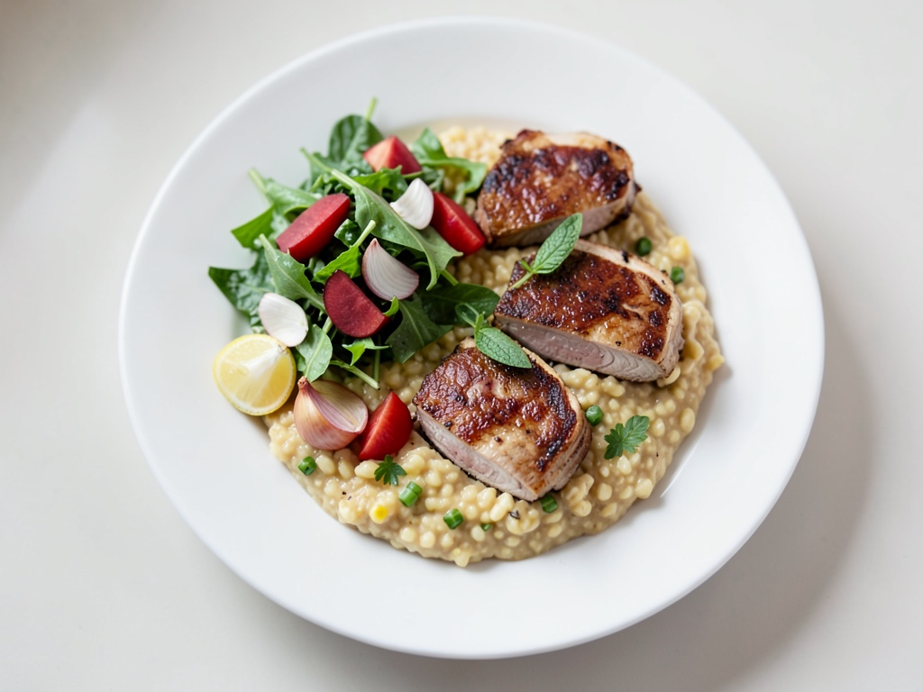 Filetti di petto di pollo ripieni di formaggio fresco, serviti con risotto e insalata di finocchi e uva
