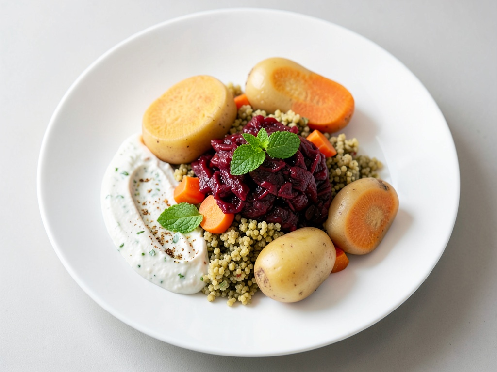 Pommes de terre farcies au four avec patate douce, chou rouge et couscous de carottes