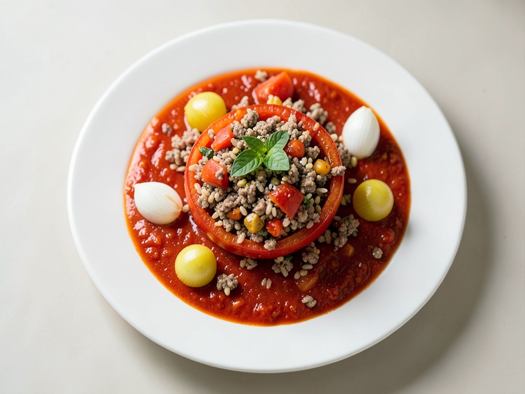 Peperoni ripieni con mix di carne e riso in salsa di pomodoro