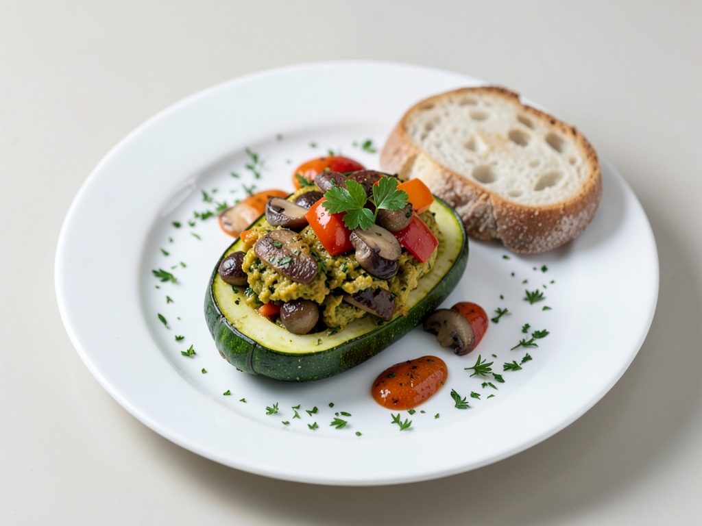 Zucchine ripiene con peperoni e funghi con ciabatta alle erbe