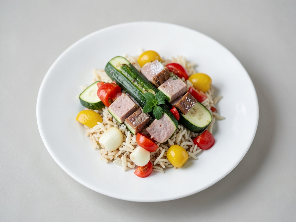 Courgettes farcies au poivron et jambon de cuisson au riz