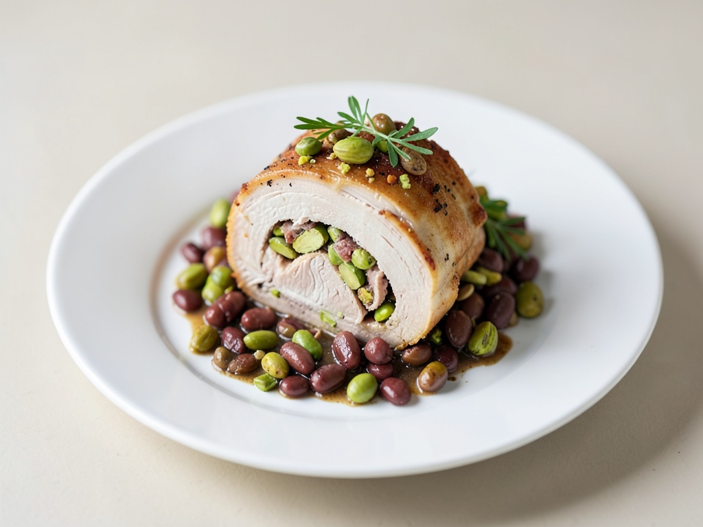 Roulé de poitrine de dinde farci aux pistaches et haricots
