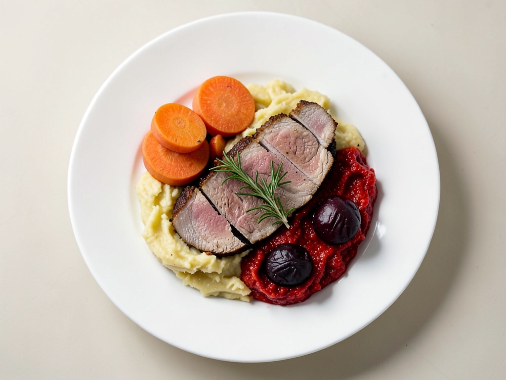 Filet de porc farci avec purée de pommes de terre et légumes rôtis