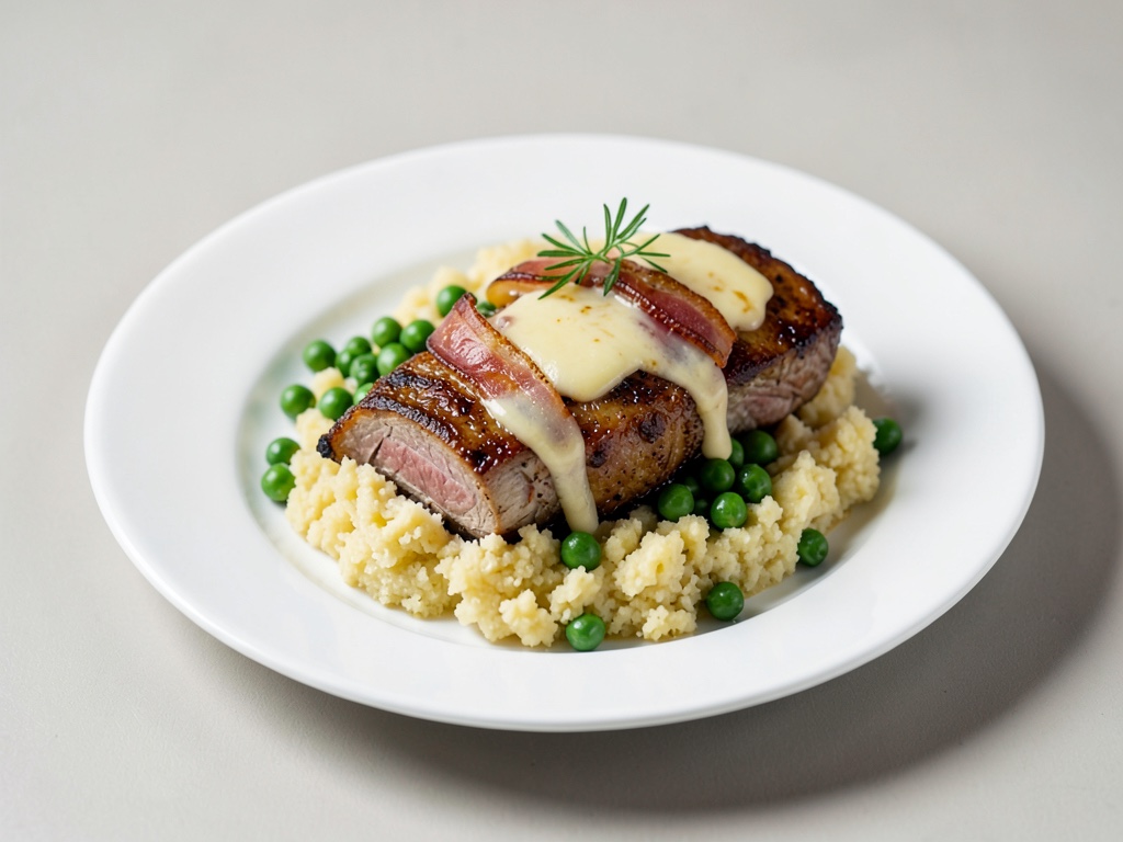 Côtelettes de porc farcies au bacon et au fromage avec purée de pommes de terre aux pois