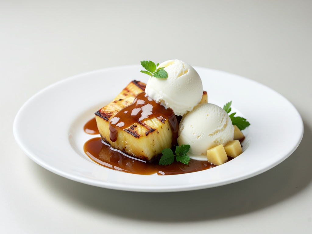 Gegrillte Ananas mit Karamellsauce und Banana-Chunk-Eis