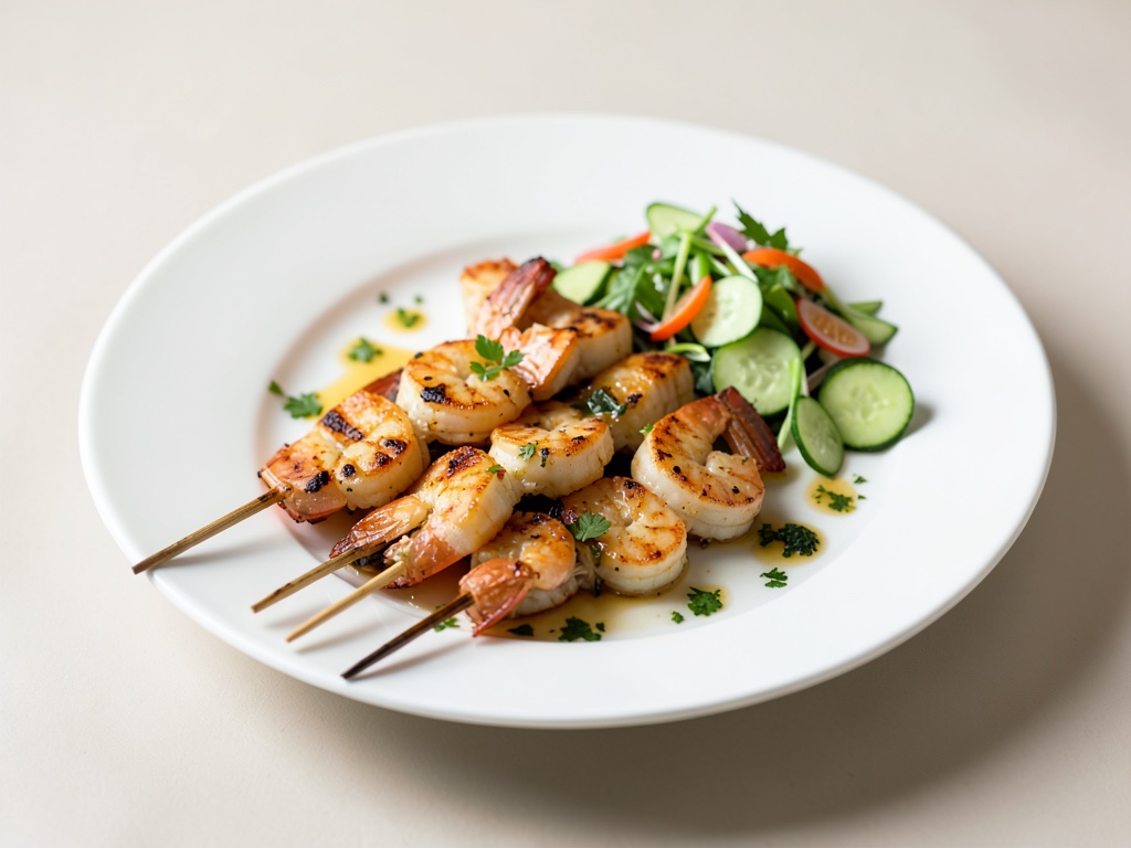 Brochettes de crevettes grillées avec salade de concombre asiatique