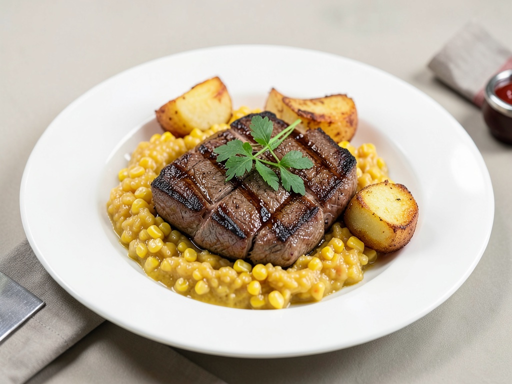 Bistecche di manzo alla griglia con purè di mais e patate croccanti