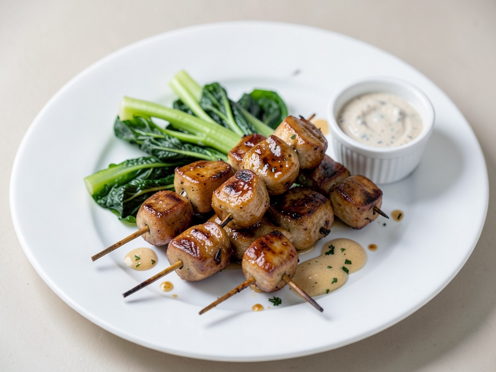 Spiedini di champignon teriyaki con pak choi e salsa di arachidi
