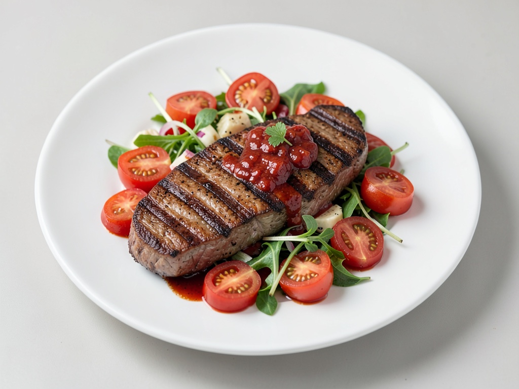 Bistecchi di tofu alla griglia in marinata di peperoni su insalata di pomodori mediterranea