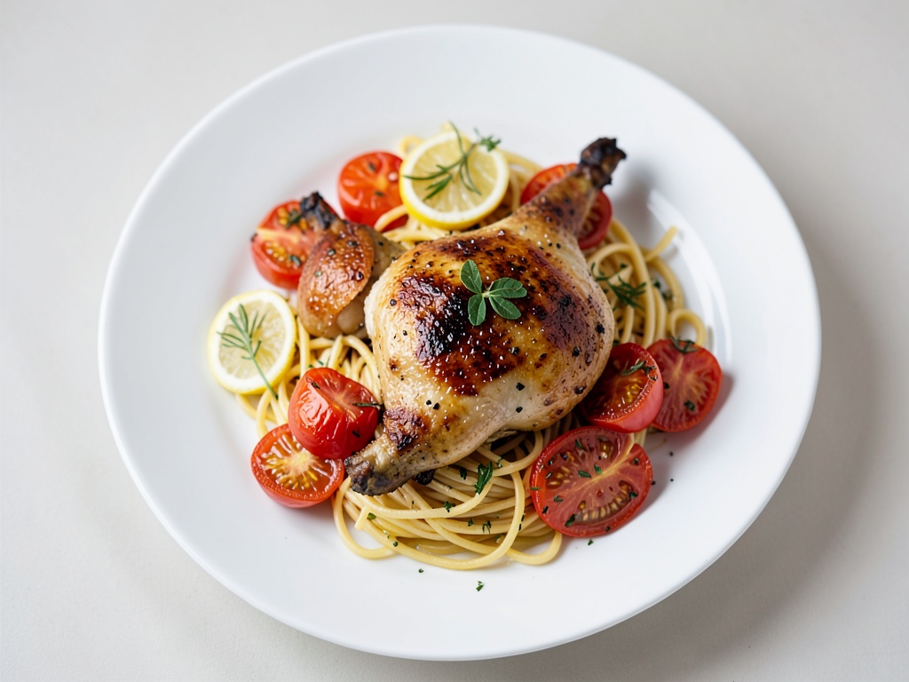 Ofen-Hähnchen mit überbackenen Tomaten und Knoblauchspaghetti