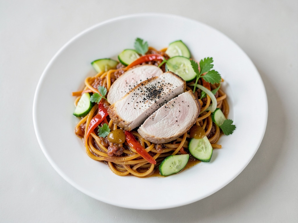 Pollo con miele, pilaf di peperoni gialli e insalata di cetrioli