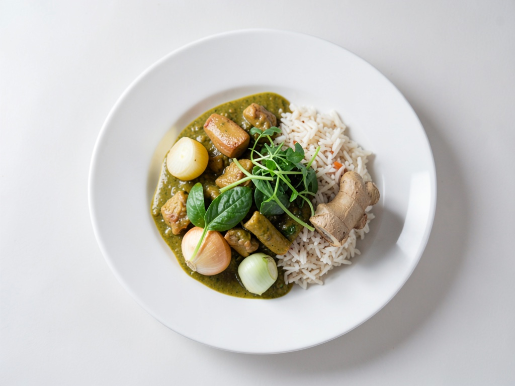 Curry di pesce giallo con spinaci e riso