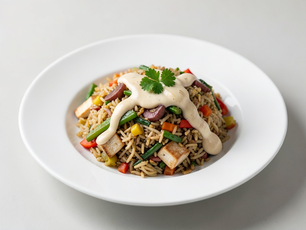 Gemüse-Brat-Reis mit Erdnuss-Sauce und Tofu