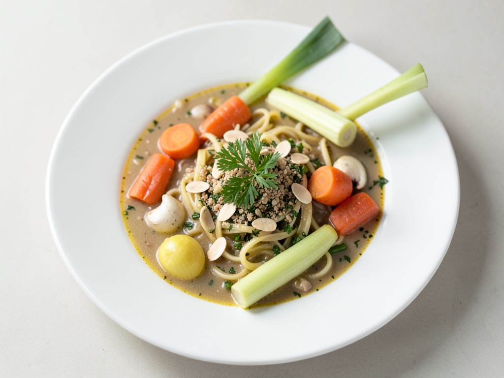 Sopa de fideos con verduras y crujiente costra de almendras y perejil