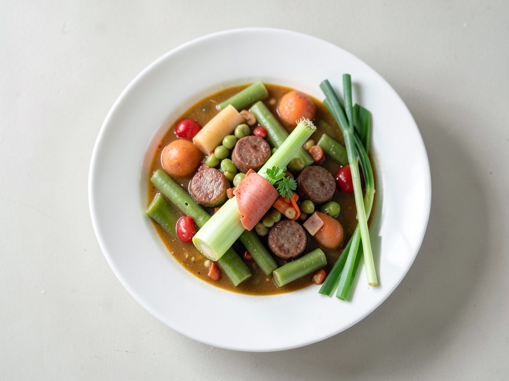 Sopa de fideos con verduras y salchichas