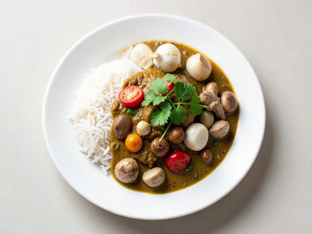 Curry di verdure tailandese con riso jasmin e coriandolo