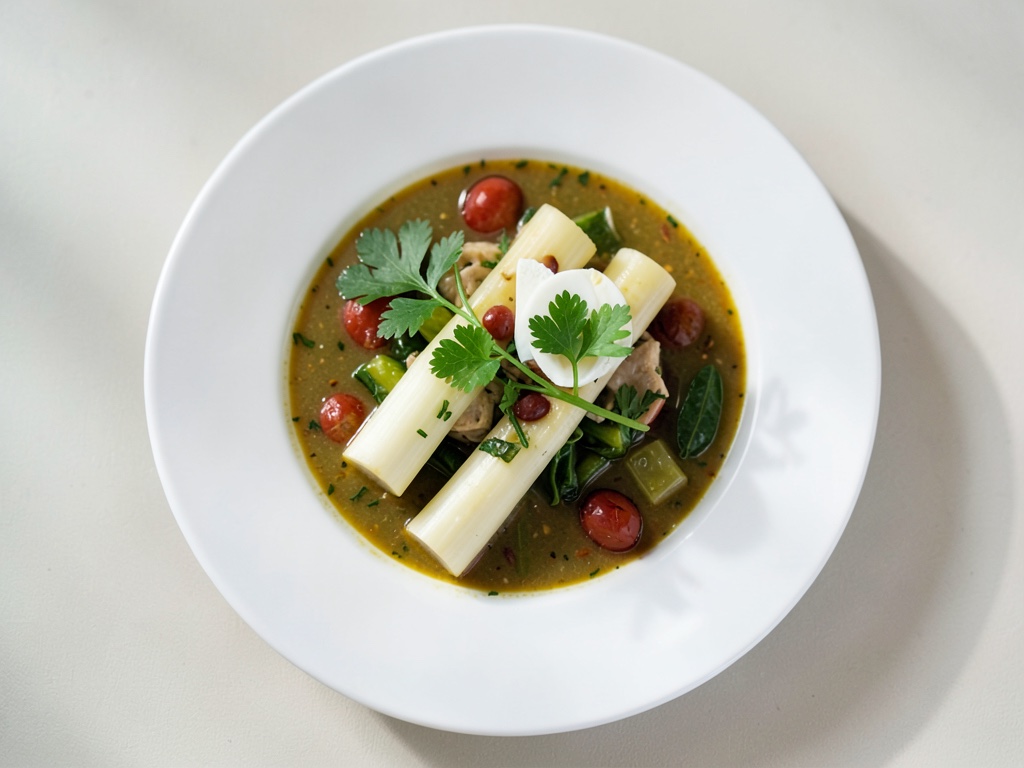 Caldo de verduras con espárragos y huevo escalfado