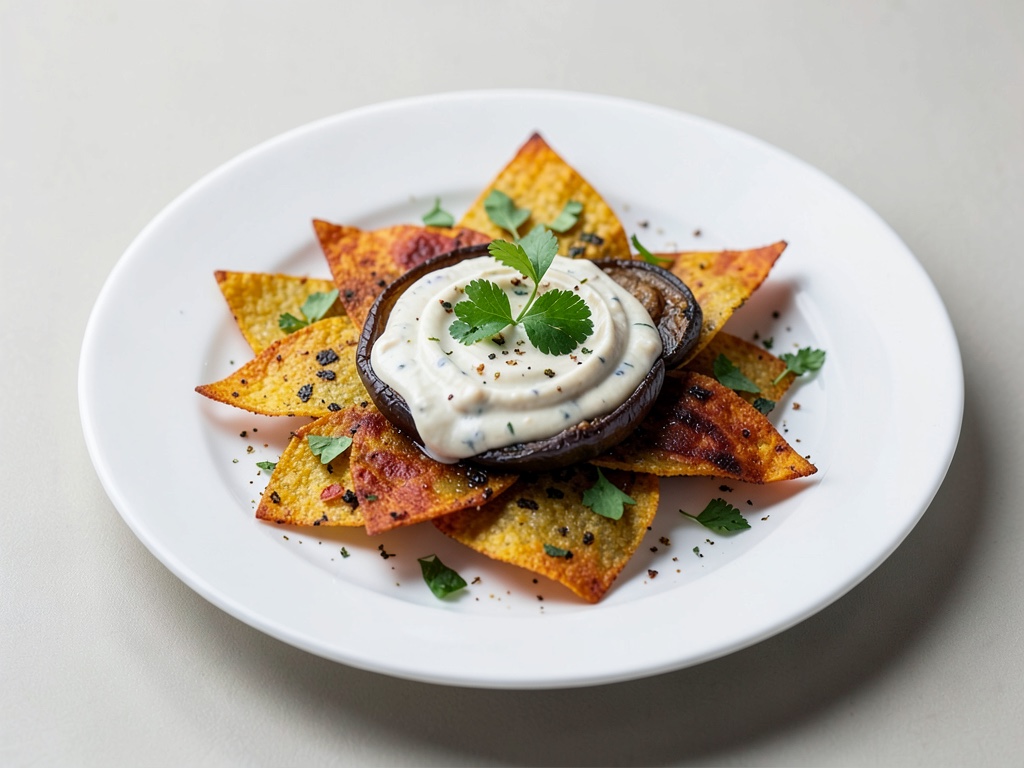 Chips crujientes de verdura con crema de berenjena