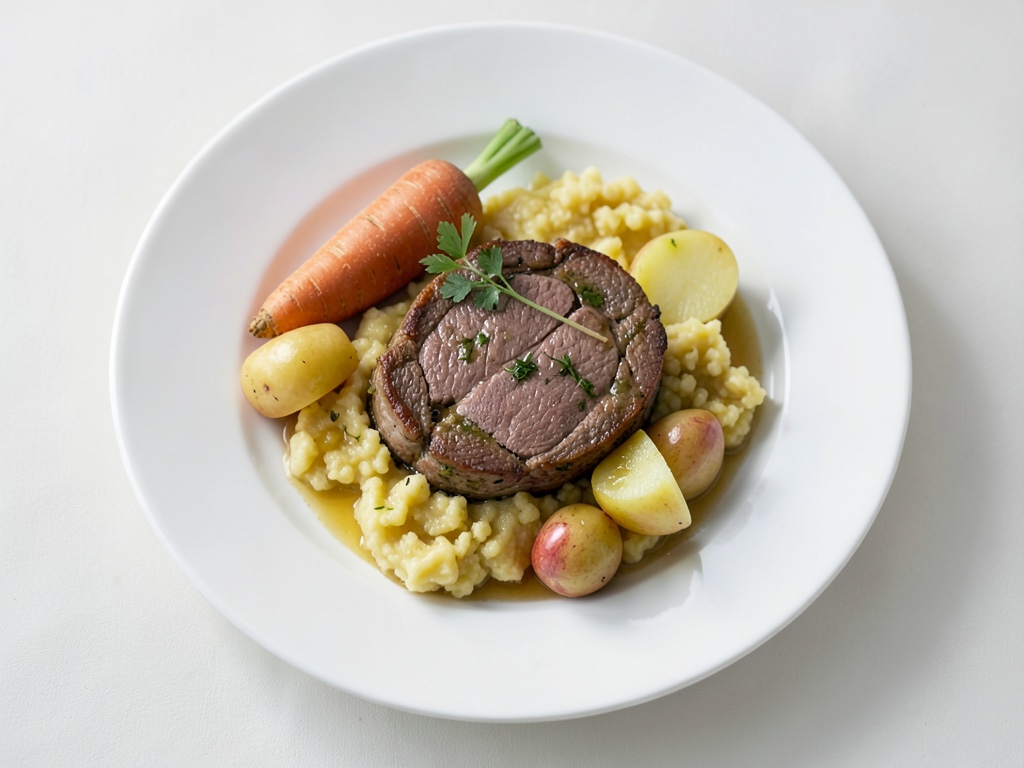 Rôti de légumes avec purée de pommes de terre et pommes mijotées