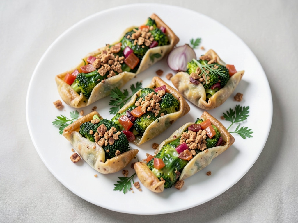 Raviolis aux légumes avec chou frisé, oignons au vin rouge et croquant de pain noir