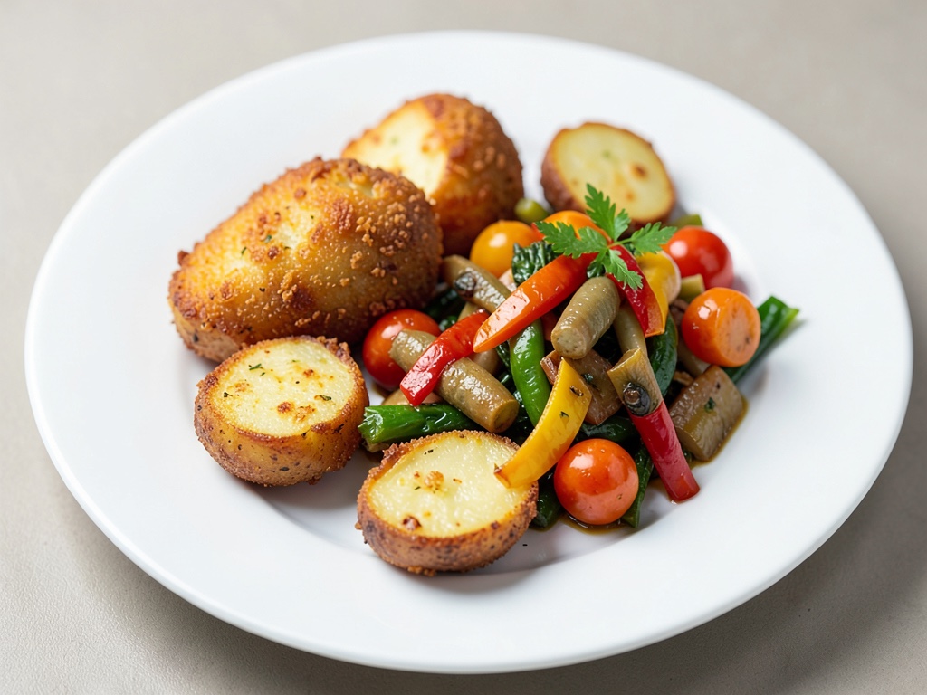 Patate croccanti al forno con verdure saltate in padella
