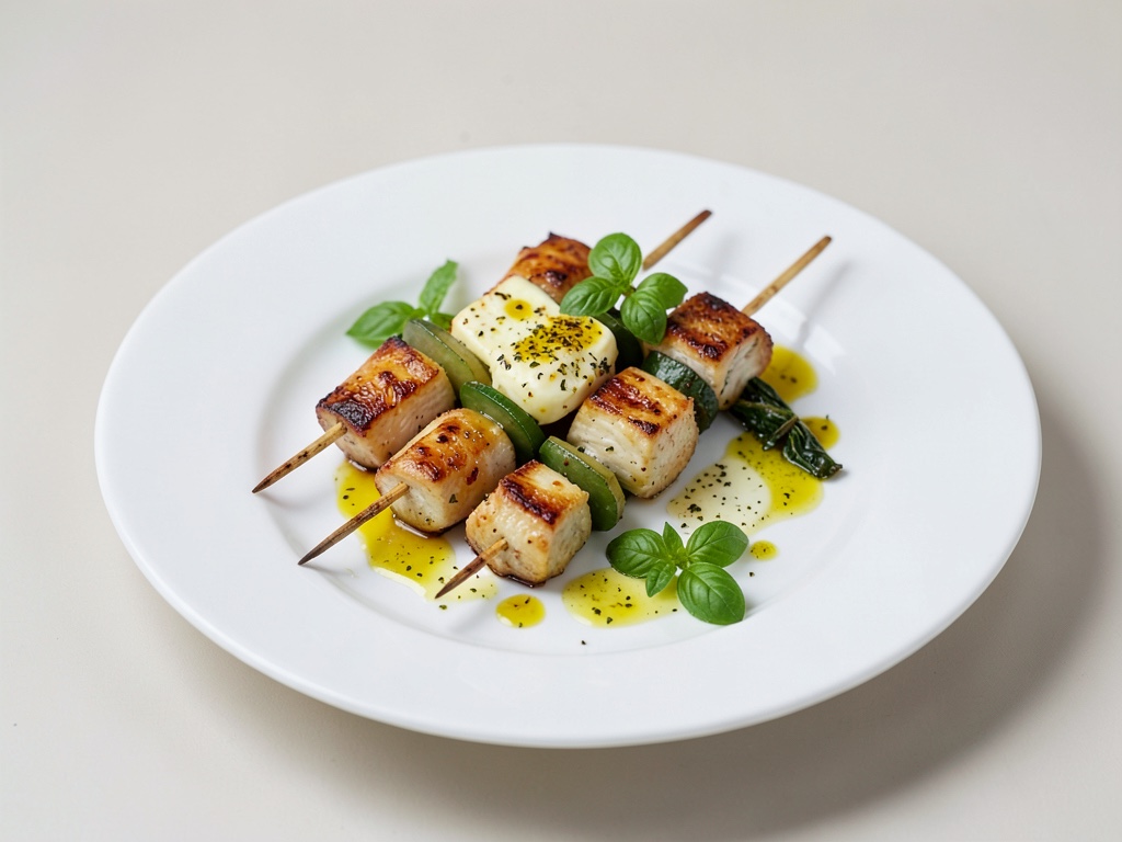 Spiedini di verdure con formaggio da griglia e olio al basilico