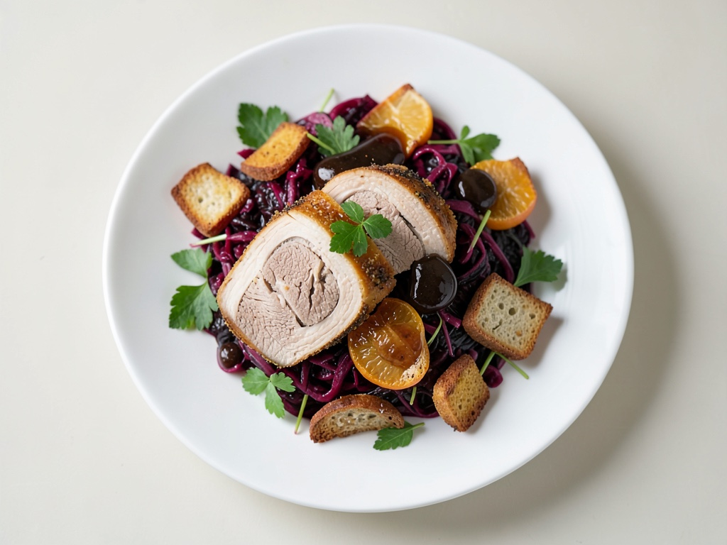 Fumée de poitrine de canard sur salade de chou rouge aux clémentines avec croûtons