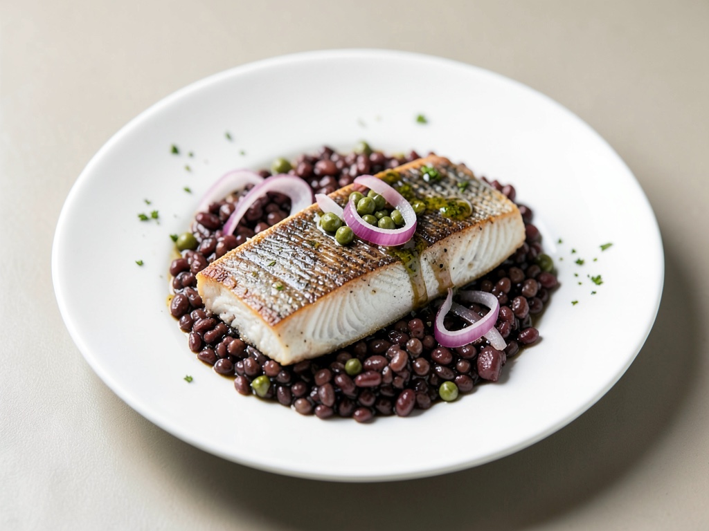 Trota affumicata con lenticchie al balsamico, cipolle rosse sott'aceto e vinaigrette ai capperi