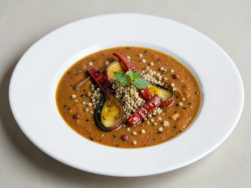 Sopa de pimiento asado con crujiente de quinoa