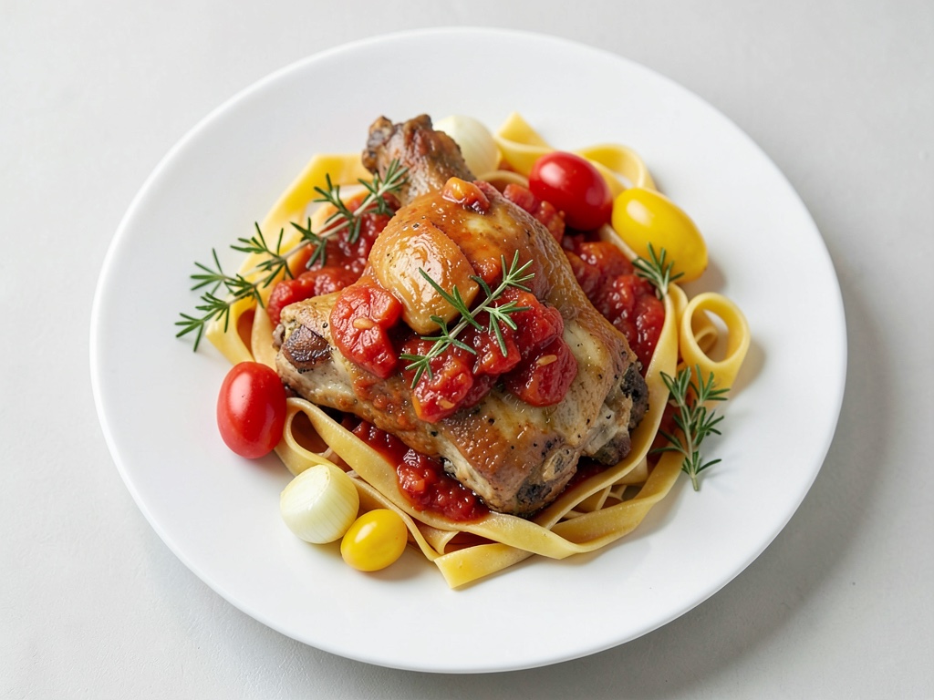 Tiernos muslos de pollo en salsa de pimiento y tomate con pappardelle