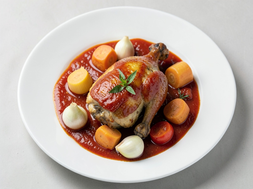 Pollo tenero in salsa di pomodoro e vino speziata