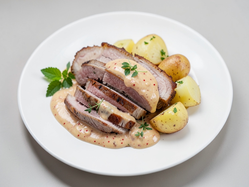 Lanières de schnitzel en sauce crème et poivrons avec pommes de terre au four