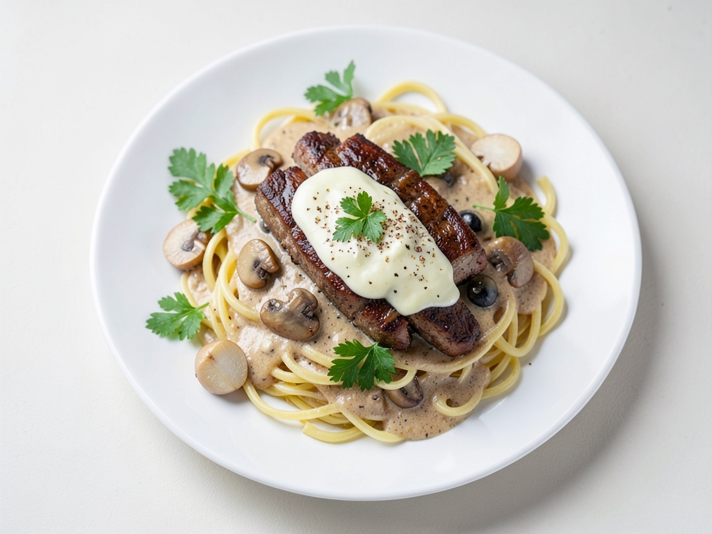 Schnitzel-Streifen mit Champignons in Sahnesoße auf Nudeln