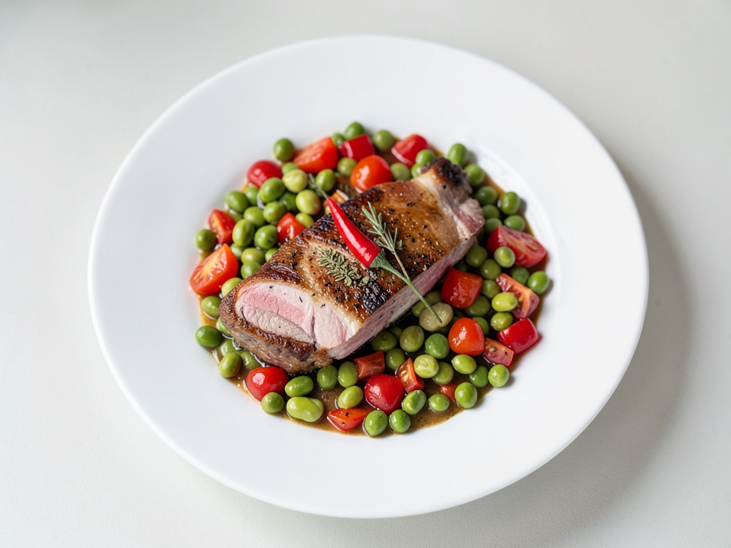 Schnitzels épicés avec haricots verts et dip frais tomate-poivron