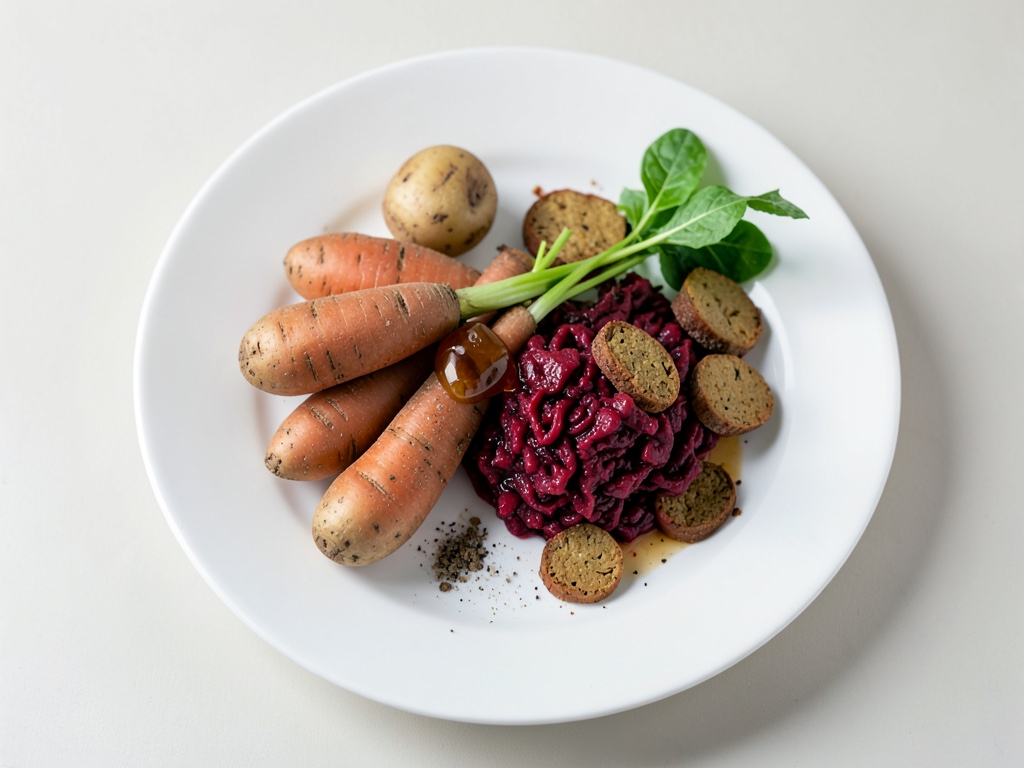 Carote glassate con purè di barbabietola e crostini