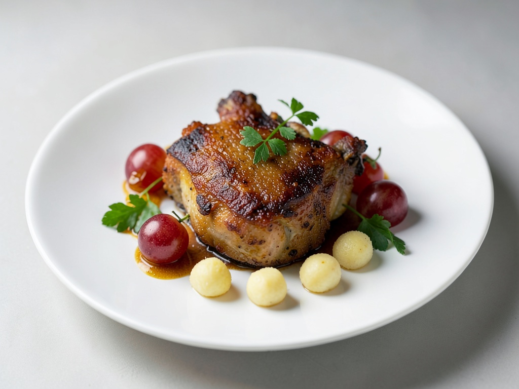 Cosce d'oca croccanti con uva al miele e mini gnocchi