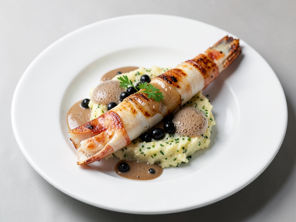 Queue de homard glacée sur purée de pommes de terre à la ciboulette avec caviar et mousse de beurre de noix