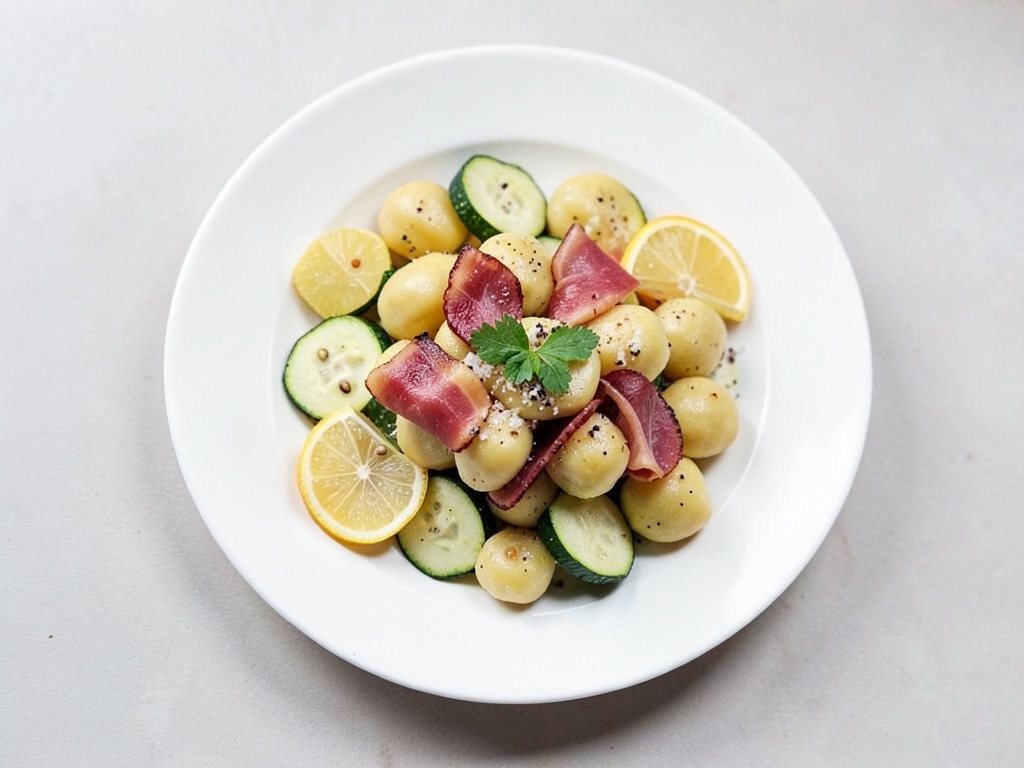 Gnocchi crémeux au jambon, courgette et citron