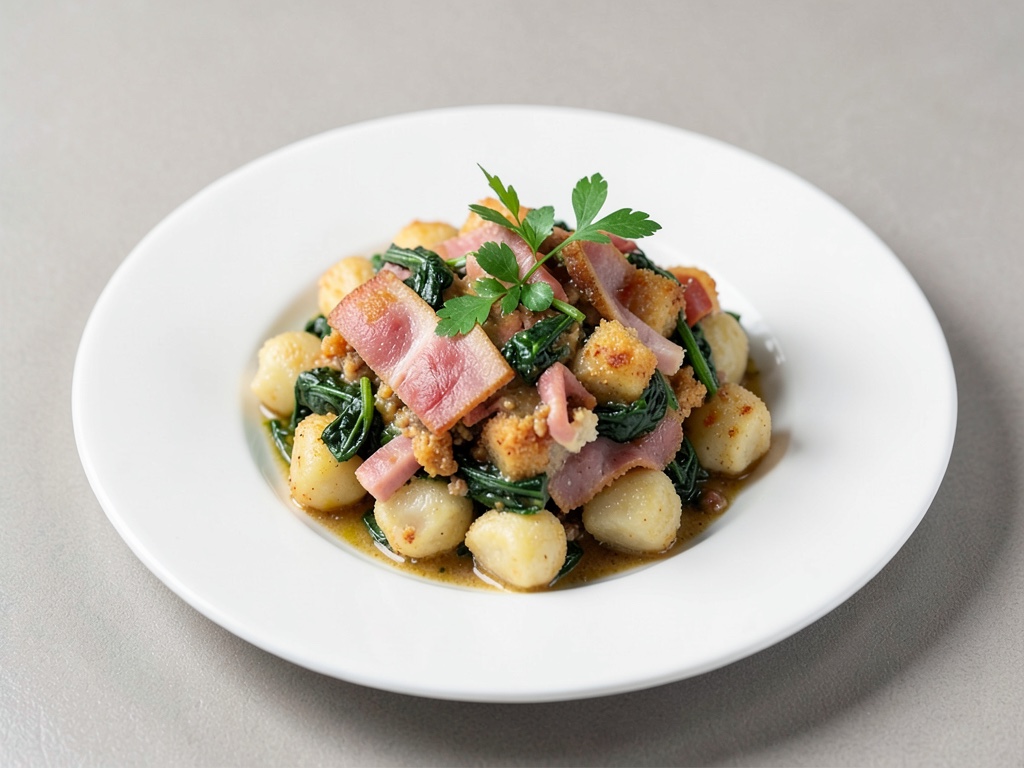 Gratin di gnocchi croccanti con prosciutto e spinaci