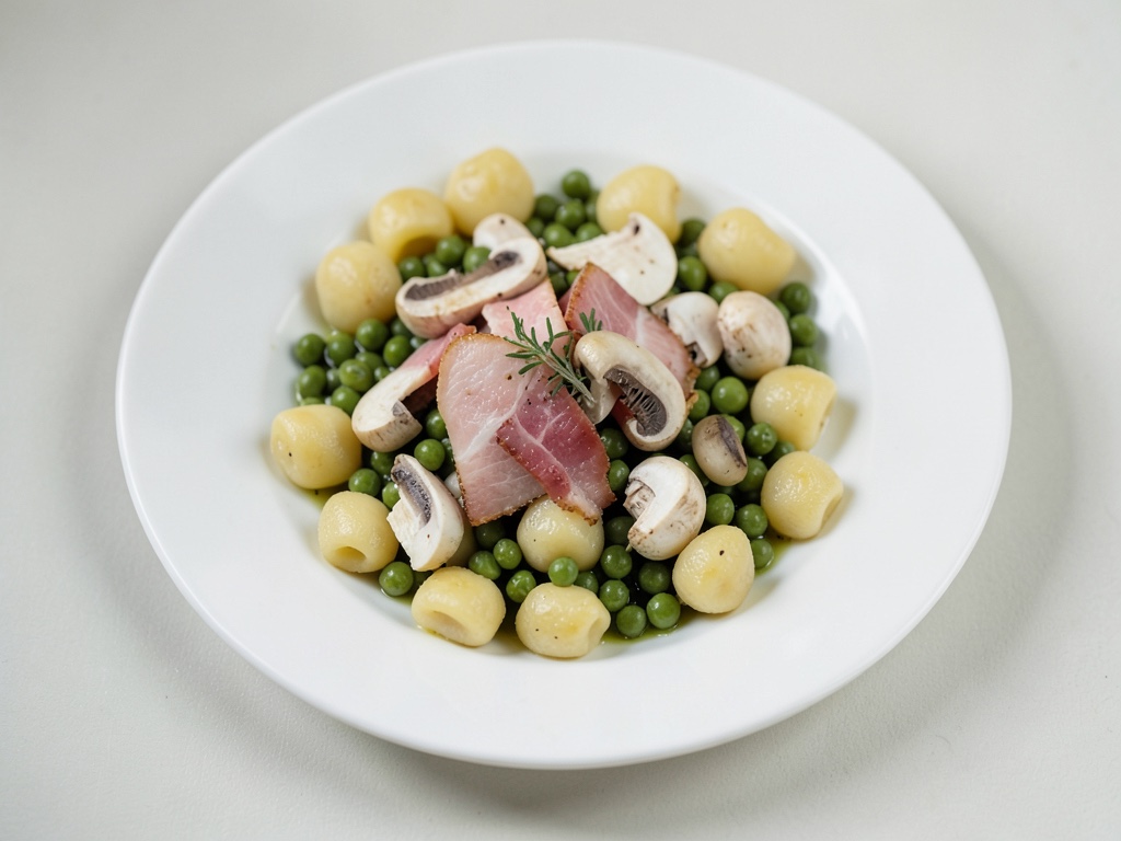 Gnocchi "Carbonara" con prosciutto cotto, funghi champignon e piselli