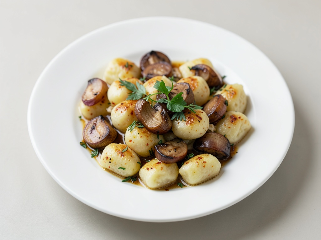 Gnocchi croustillants au beurre de romarin, oignons au vin rouge et champignons