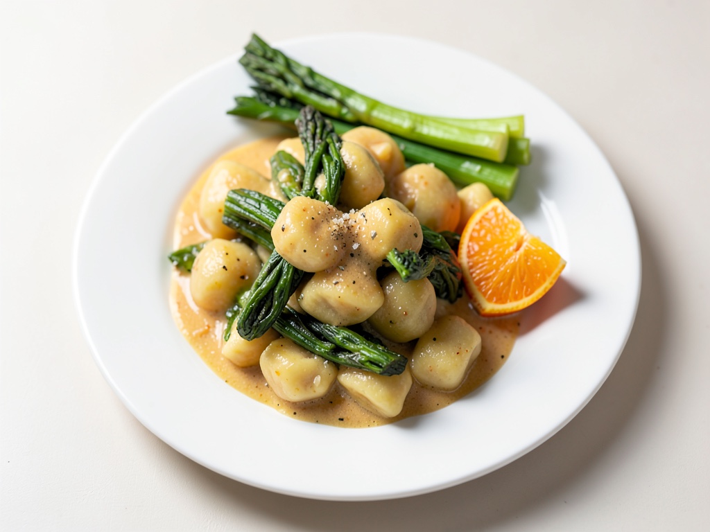 Gnocchi con asparagi verdi in salsa di panna e arancia