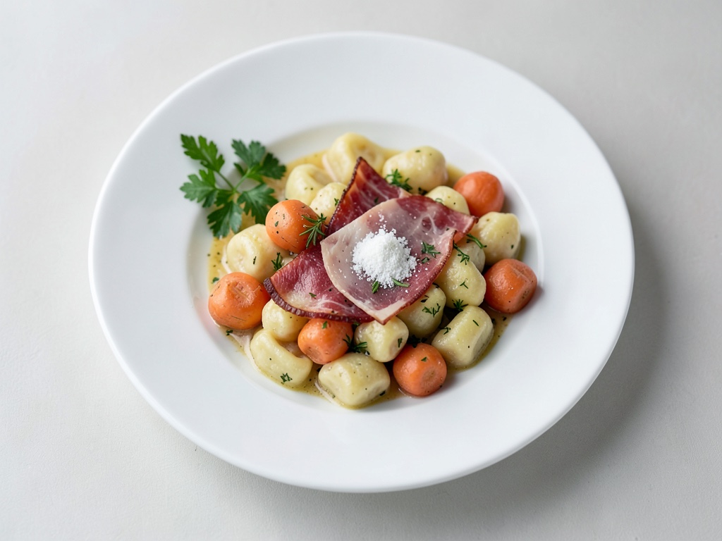 Gnocchi croccanti con carote cremose e prosciutto