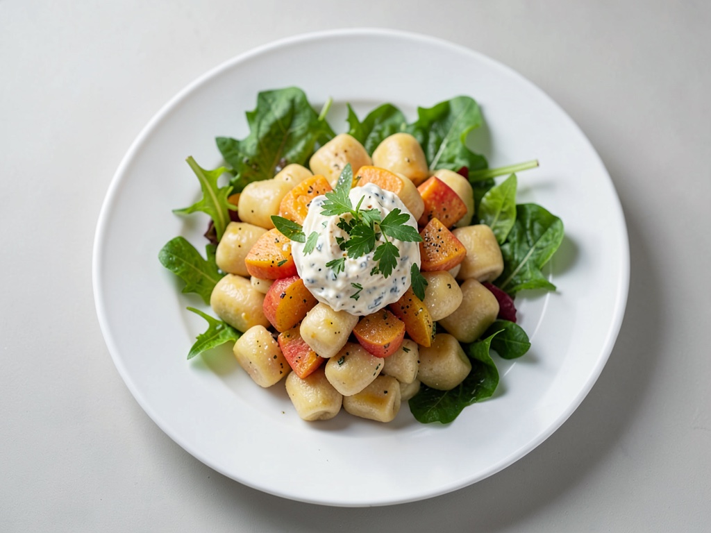 Calabaza Hokkaido cítrica con gnocchi crujientes, mantequilla de romero y ensalada de espinaca cana