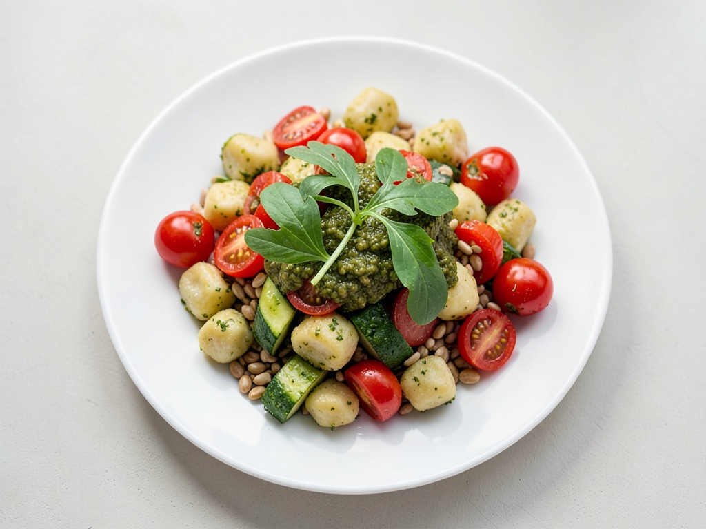 Insalata di gnocchi con pomelli al miele e pesto di rucola