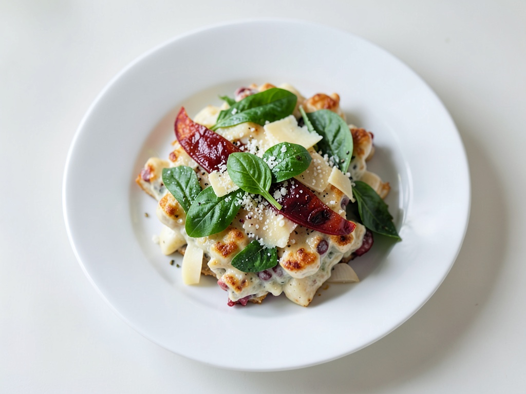 Gratin di gnocchi con spinaci giovani e crosta di parmigiano e mozzarella