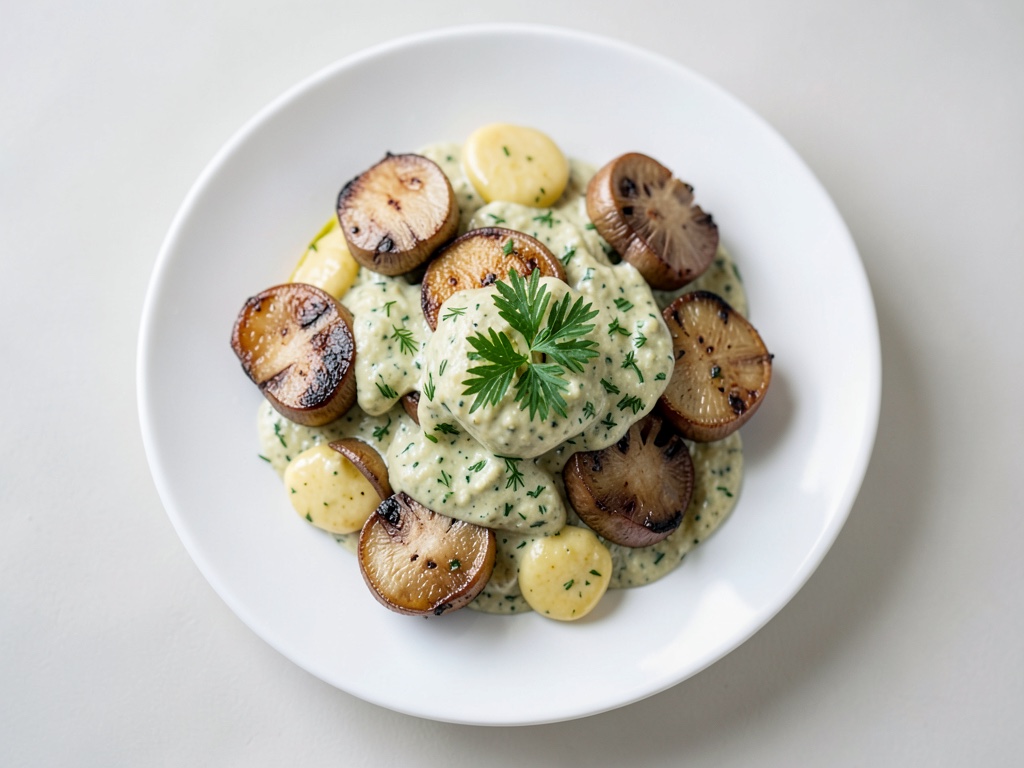 Gnocchi croccanti con funghi e crema al prezzemolo