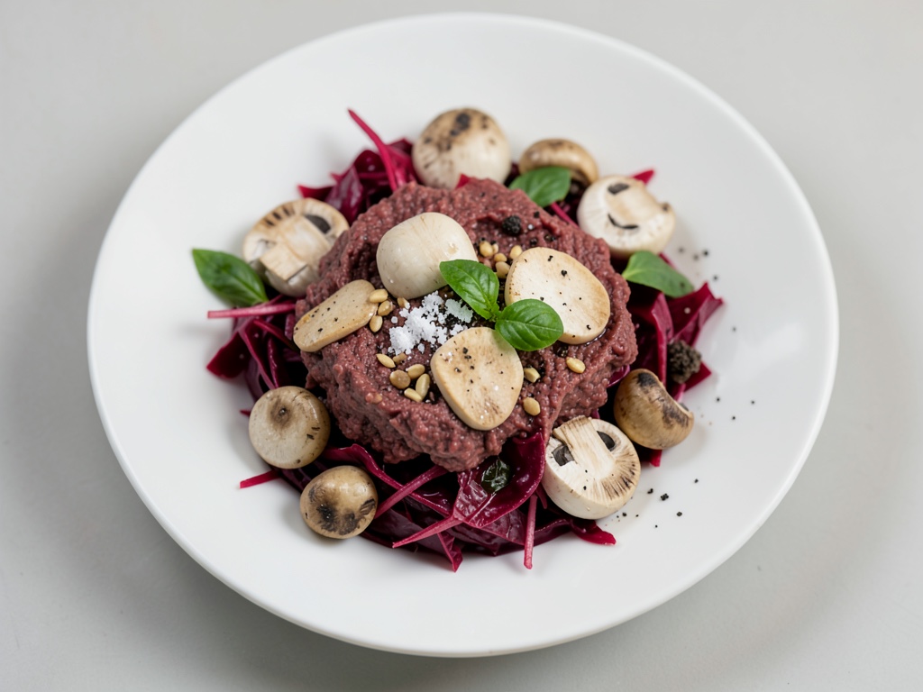Funghi ripieni con crema di prosciutto e noci su insalata di barbabietola